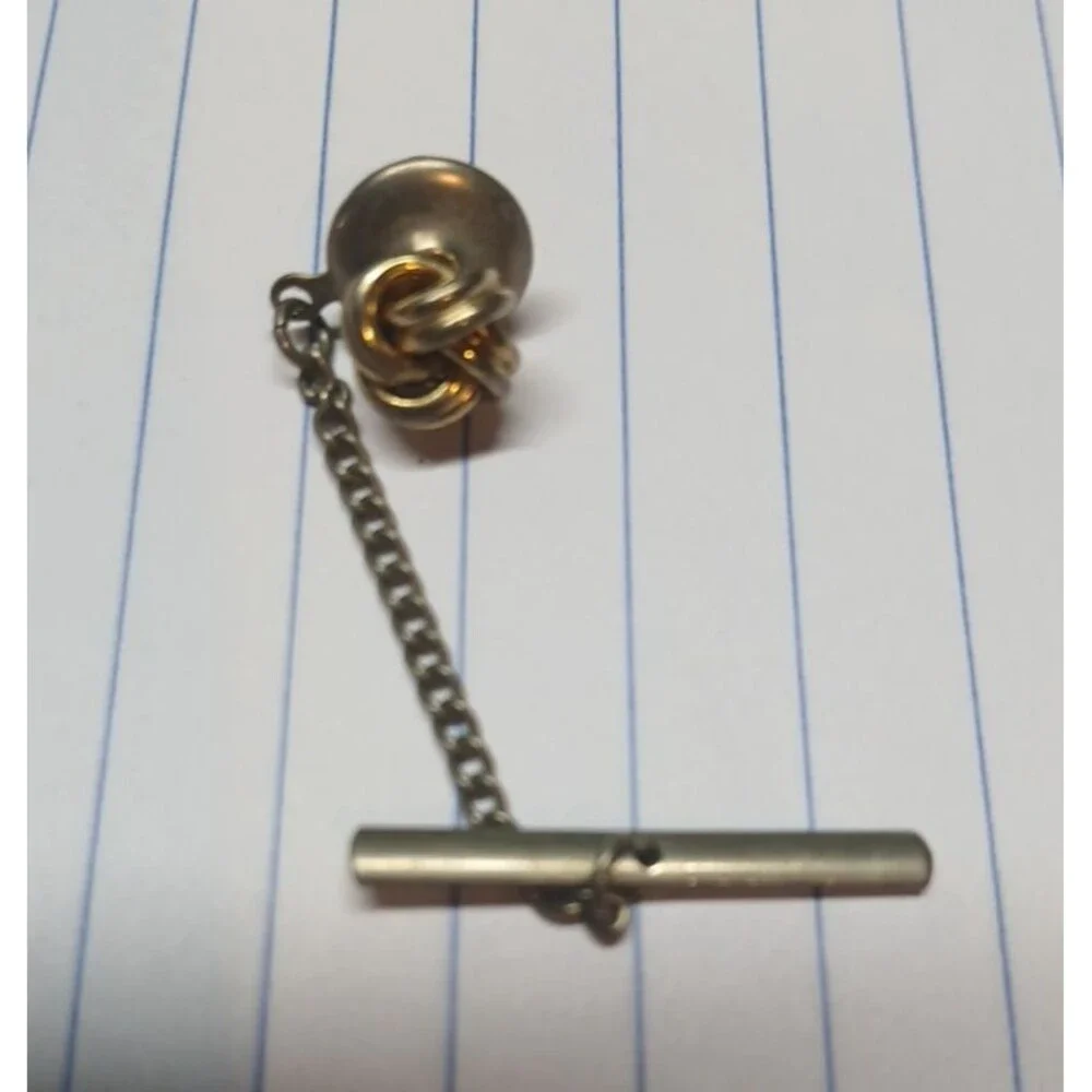 VTG Brass Embossed Gold MCM Love Knot Tie Tac Hat Lapel Chain Pin Retro 60s 70s